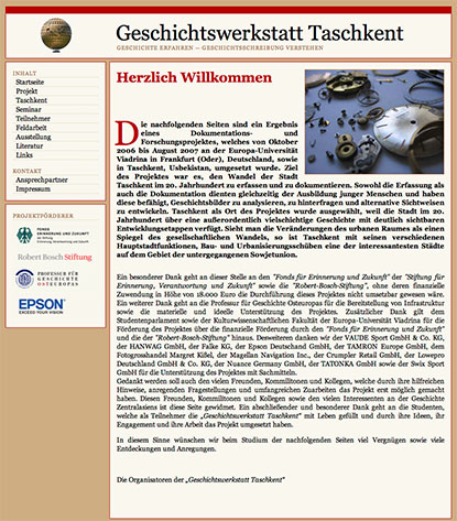 Screenshot der Website des Projektes „Geschichtswerkstatt Taschkent“, 2007